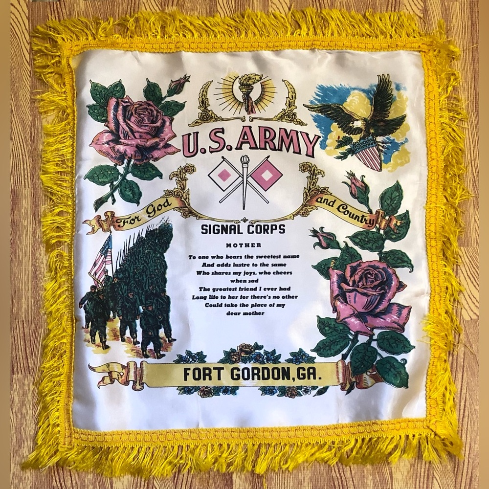 10399 VTG WWII US Army Military Mother Satin Souvenir Pillow Cover~Fort Gordon